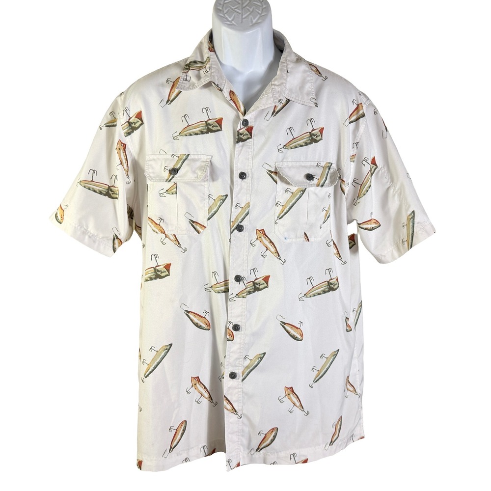 Croft & Barrow Quick-Dry Shirt Mens L White Fishing Lure Print Short Sleeve